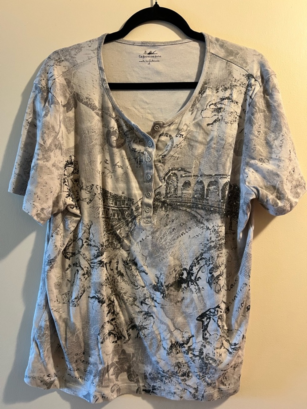 Euro and Light Gray Graphic Henley Short Sleeve Shirt by Tape Measure